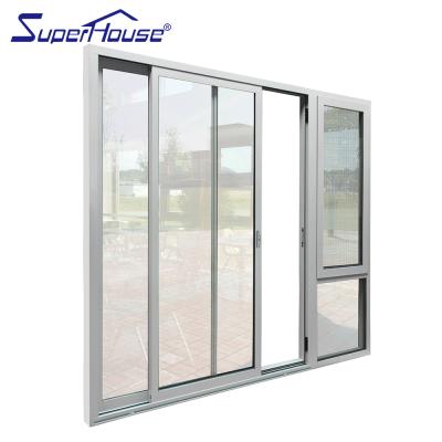 China Superhouse Color Patio Waterproof Black Triple Rail Aluminum Glass Sliding Door Double Door With Mosquito Net Tent Window for sale