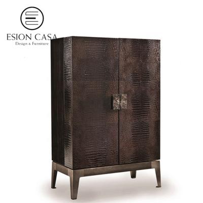 China Luxury Elegant Style Crocodile Leather MAISON Cabinet ESION Red Wine Cabinet Leather Home Sideboards with Glass and Stainless Steel for sale