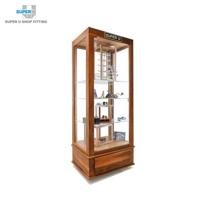 China Fashion and Classic Customized LED Lighting Solid Wood Sunglasses Shop Display Stand Store Glass Display Movable Lockable Optical Showcase for sale