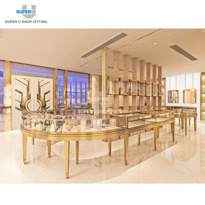 China Neat Luxury Glass Gold Plated Shopping Mall Jewelry Display Showcase Cabinet Counter Customized Full Vision Jewelry Kiosk for sale