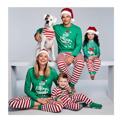 China Christmas Breathable Family Sleepwear Matching Pajamas Set Slogan Green Top And Red Stripes Pants for sale