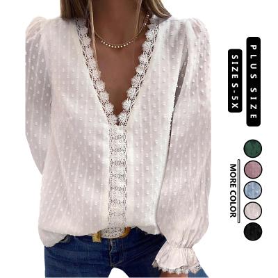 China Elegant Anti-pilling Lace V-Neckline Arrival Embroidered Chiffon Casual Shirt Long Sleeve Blouse Women Tops for sale