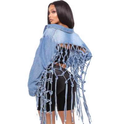 China Breathable Fashion Plus Ladies Denim Jackets Loose Mesh Denim Jackets For Ladies Lapel Woven for sale