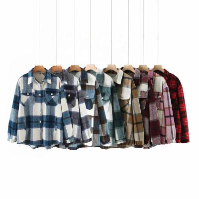 China 18 Colorway Design Plaid Color Viable Oversized Shirt Coat Pocket Casual Women's Jackets for sale