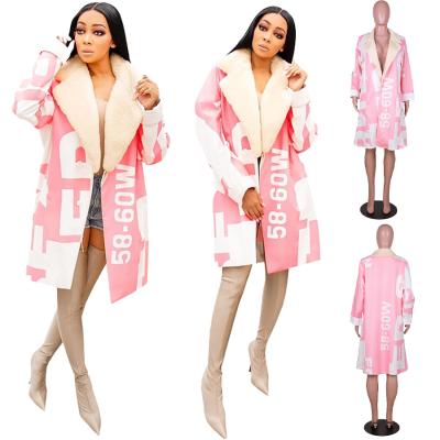 China New Fashion DLL Anti-Wrinkle Letter Fur Letter Printed V-Neck Women's Autumn And Winter Overcoat Jacket Long Straight Coat for sale