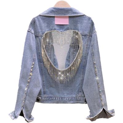 China New Anti-Wrinkle Denim Coat Tassel Short Rhinestone Jacket Women Fashion Halter Women Denim Jacket for sale