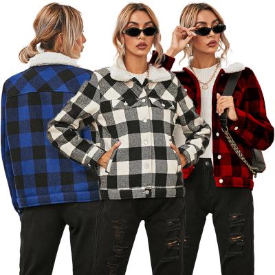 China Anti-wrinkle winter women plaid jacket fur collar single breasted women's jackets and coat inside fur plus velvet winter coat thickening women for sale