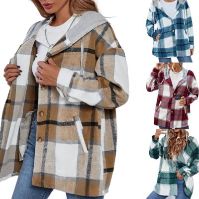 China Breathable Autumn Winter Woolen Cloth Lattice Long Coat For Women Long Hooded Coat For Women Plus Size Women's Coats for sale