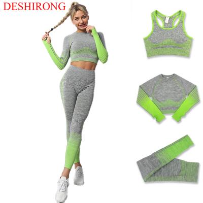 China Autumn And Winter New Elastic Rib Knit Yoga Set Hip Lift Seamless Breathable Yoga Set Color Matching 3 Piece Yoga Set for sale