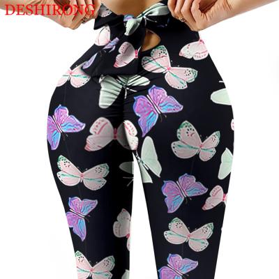 China New Breathable Butterfly Print Leggings Yoga Pants Tall Women Yoga Pants Tie Up Yoga Pants Bow Waist Trainer Fitness Bounce for sale