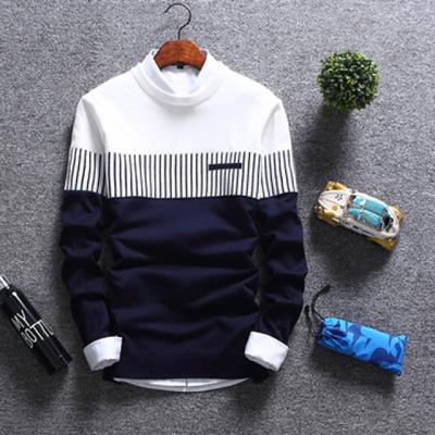 China Fashion Color Matching Men's Sweaters Korean Version Anti-Wrinkle Stripe Blue Men's Long Sleeve Round Neck Cotton Sweater Men's Sweaters for sale