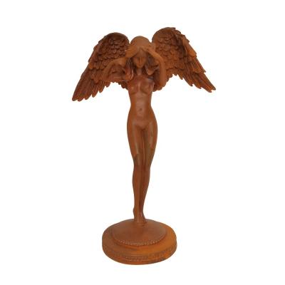 China Europe Lower Pirce Rust Color Gietijzeren Engel Standbeeld Cast Iron Angel Small Size Statue For Patio Decoration for sale