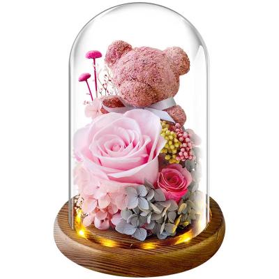 China Longlife Gift Box Moss Bear Rose Dried Flower Bouquet Creative Valentine's Day Gift Glass Cover Eternal Flower for sale