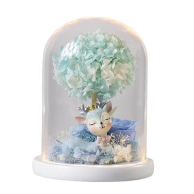 China Longlife One Deer Have You Rose Valentine's Day Gift Girl Preserved Immortal Flowers Glass Dome Gift Box Deer Rose for sale