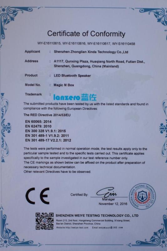 CE - Shenzhen Zhonglian Xinda Technology Co., Ltd.