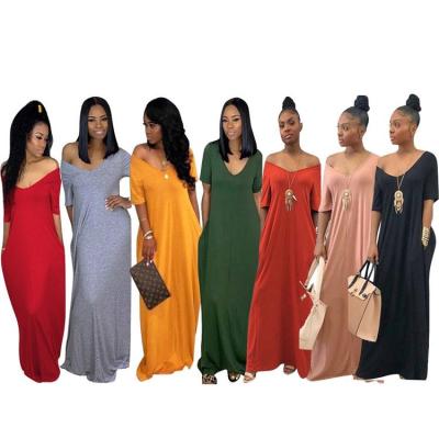 China Free Sample Breathable Drop Shipping Fashion Solid Color Solid Color V-Neck Casual Loose Sexy Woman Long Maxi Dress for sale