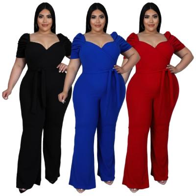 China Free Sample Viable Plus Size Women Clothing Sweetheart V-Neck Shorts Sheath Plus Size Solid Belted Full Length Overalls for sale