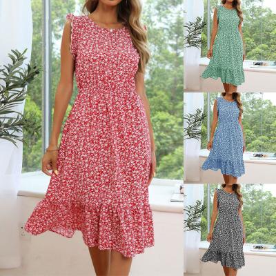 China Anti-Wrinkle Ruffles A-line Sleeveless O-Neck Women Summer Dress Slim Dresses Floral Decor Casual For Women Red Bohemian Midi Vestidos for sale