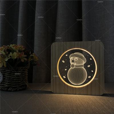 China Hot Selling Snowman 3d Wooden Light Modern Wooden Night Light For Christmas for sale