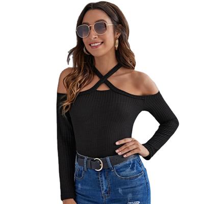 China High Quality Anti-Shrink Top Cross Strap Knitted Crop Top Women Shirt Long Sleeve Off-the-Shoulder Slim Blouse for sale