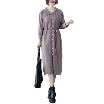 China Anti-Wrinkle Ladies Knitted Ladies Long Sleeve V-Neck Loop Lace Up Long Casual Dress For Women for sale