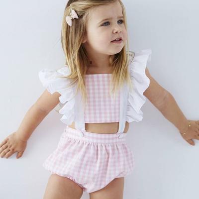 China Babies Sleeveless Rompers Summer Plaid Cotton Ruffles Fly Sleeveless Infant Kids Ride On Clothing Overalls for sale