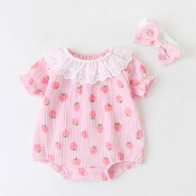 China New Short Lace Canvas Strawberry Neck Cotton Clothing Boutique Baby Rompers Baby Summer Sleeve Baby Rompers With Headband for sale