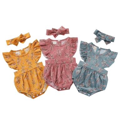 China New style summer sleeveless baby clothes rompers corduroy floral babies ruffles baby rompers with headband for sale