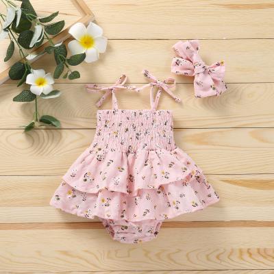 China Summer sleeveless baby clothes floral lace up baby clothes infant girls baby rompers with headband for sale