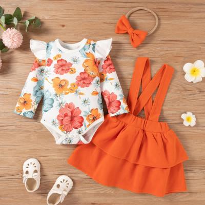 China Breathable Newborn Baby Clothes Solid Ruffle Long Sleeve Floral Romper Set And Skirt Babies' Clothing Sets for sale