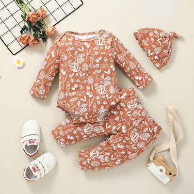 China Breathable Kids Clothing Sets Baby Clothes Print Floral Newborn Baby Romper Hat and Panty Clothing Set for sale