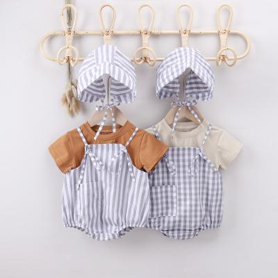 China Breathable Korean Baby Sets 3 Piece Outfits Solid T-shirt Stripe Suspender Romper Hat Baby Clothes Set for sale