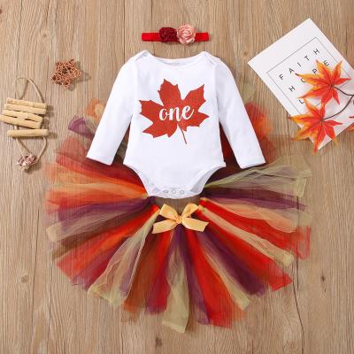 China Breathable 3Pieces Baby Clothes Set Long Mesh Tutu Dress Hairband Outfits Sleeve Romper Baby Clothes One Piece for sale