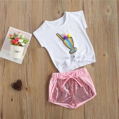 China Wholesale 2021 Summer Kids Breathable Sequin Clothing Shorts Sleeve Cotton Top+Shorts 2pcs Girls Clothing Sets for sale