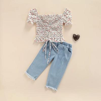 China Girls Breathable Drawstring Shirts+Denim Pants Outfits Baby Kids Flower Fashion Kids Girls Dress Sets for sale