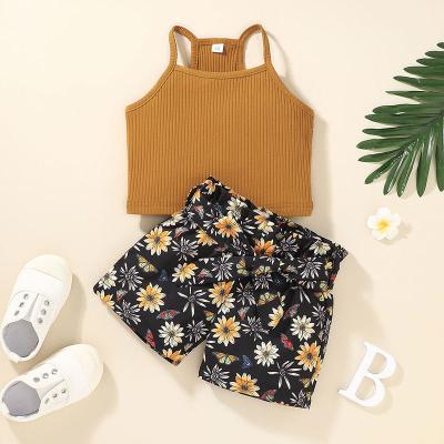 China Wholesale Hot Sale Breathable Children Clothing Kids Wear Soild Top And Flower Shorts Girls Clothing Set for sale