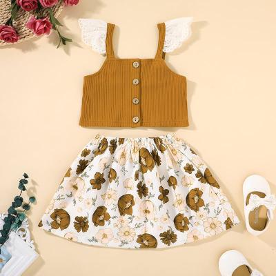 China Summer Breathable Wholesale Sleeve Lace Kids Clothing Top Vest With Floral Skirt Elegant Girls Dress Sets for sale