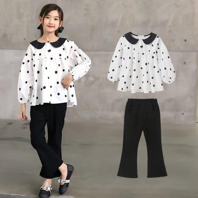 China Wholesale Breathable Autumn New Arrival Two Piece Set Long Sleeve Polka Dot Shirt And Black Pants Girls Dress Sets for sale