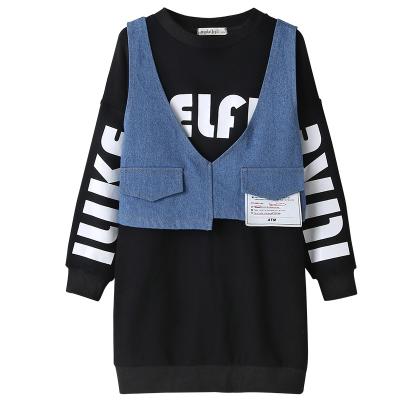 China New Arrival Teenager Kids Girls Clothing Two Piece Set Breathable Denim Vest and Long Sleeve Hoodie Dress for sale