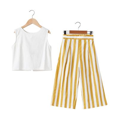 China Wholesale Kids Breathable Summer T-shirt Sleeveless Vest and Stripe Wide Leg Pants Teenage Girls Clothing Set for sale