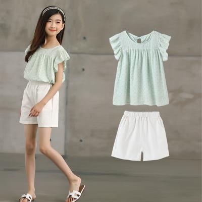 China High Quality Breathable Summer Girls Clothing Sets Embroidery Solid Tops And Shorts For Kids Teenager 3-13yrs for sale