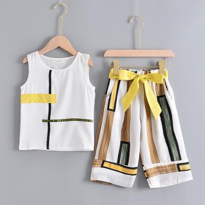 China Summer Girls Clothing Print Tank Tops Breathable Geometric Stripe Wide Leg Pants Baby Girl 2pcs Clothing Sets for sale