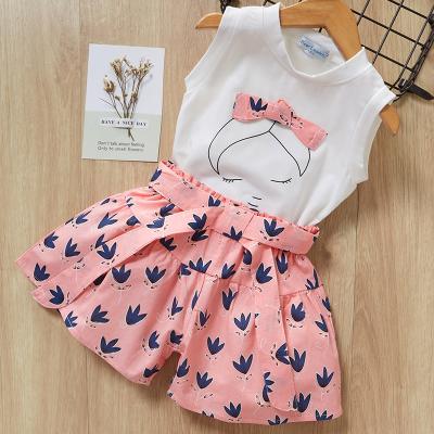 China Best Selling Breathable Little Girl Print Fashion Cotton T-shirt Bandage Shorts 2PCS Children Girl Clothing Set for sale