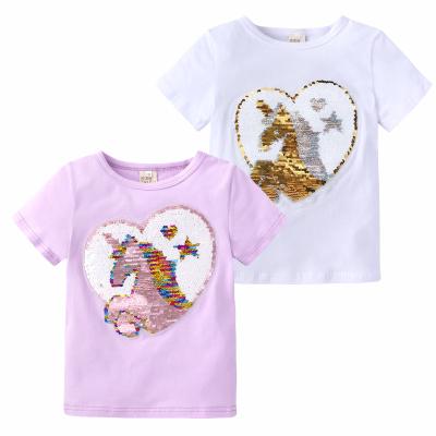 China Summer Hot Sale Girls 6 Years Old Baby Girl T-shirt Unicorn Sequin Printed Cotton Breathable T-shirts for sale