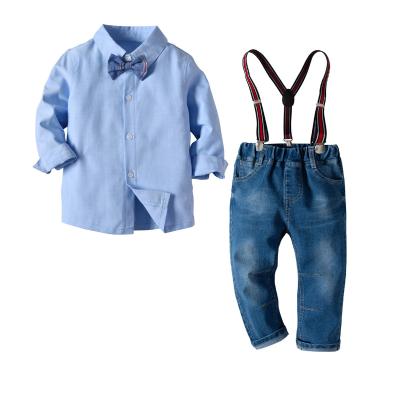 China Boutique Formal Wholesale Boys Kids Long Sleeve Soild Bowtie Tops +Suspender Pants Boys Clothing Suits for sale