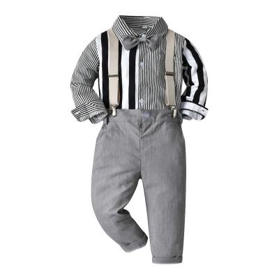 China Formal Kids Boys Long Sleeve Stripe Shirts+Overalls Long Sleeve Pant 2PCS Gentleman Boy Outfits Clothing Sets for sale