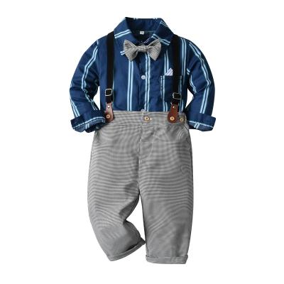 China Wholesale Formal Kids Boys Stripes Long Sleeve Shirt Gentleman Suspender Pants Boys Clothing Two Piece Sets for sale