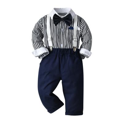 China Kids Boys 2pcs Formal Dressing Set Gentleman Stripe Shirt And Bow Tie+Pants Overall Boy Clothes Sets For 1-7yrs for sale