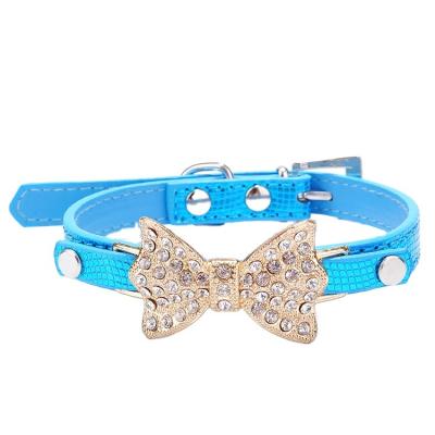 China New Thoughtful Design Leather Sturdy Waterproof Soft Blue Bow Tie Buckle Leash Durable Dog Collar Sturdy Rhinestone for sale