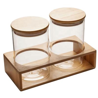 China 2pcs Large Sustainable Bamboo Jar San Containers Kitchen Storage Glass Jar With Natural Lid for sale